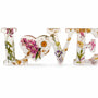 Daisy resin word art with real pressed white daisy in heart-shaped O, blush blooms, and gold leaf flakes