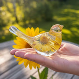 Handcrafted yellow floral daisy resin bird with gold leaf accents