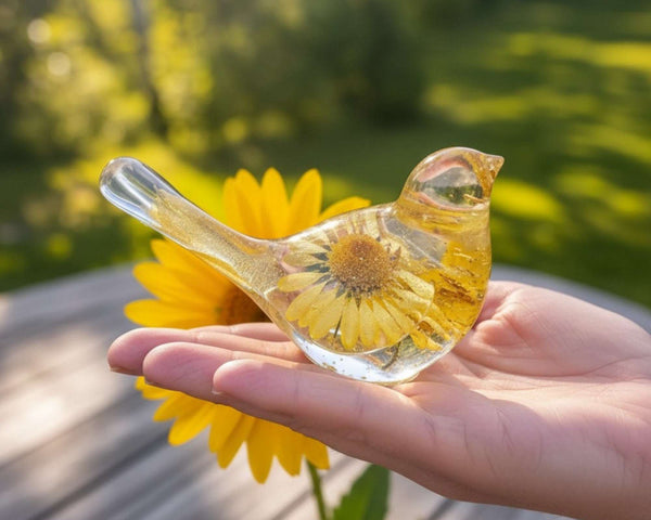 Handcrafted yellow floral daisy resin bird with gold leaf accents