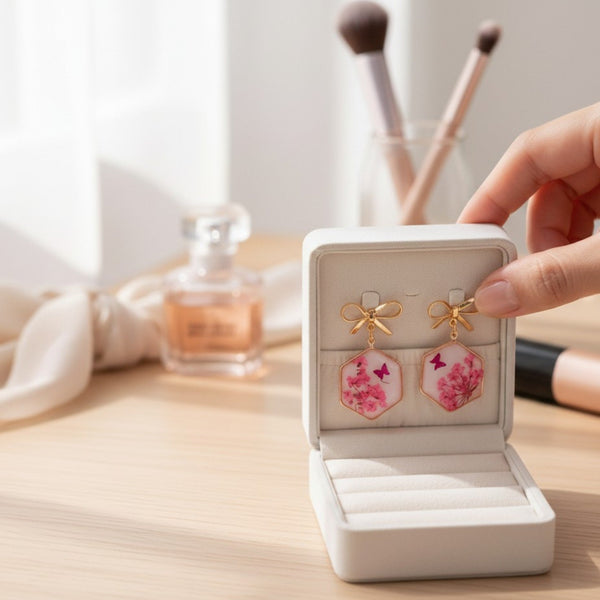 Pink Butterfly & Boreal Spring Bloom Handmade Hexagon Earrings