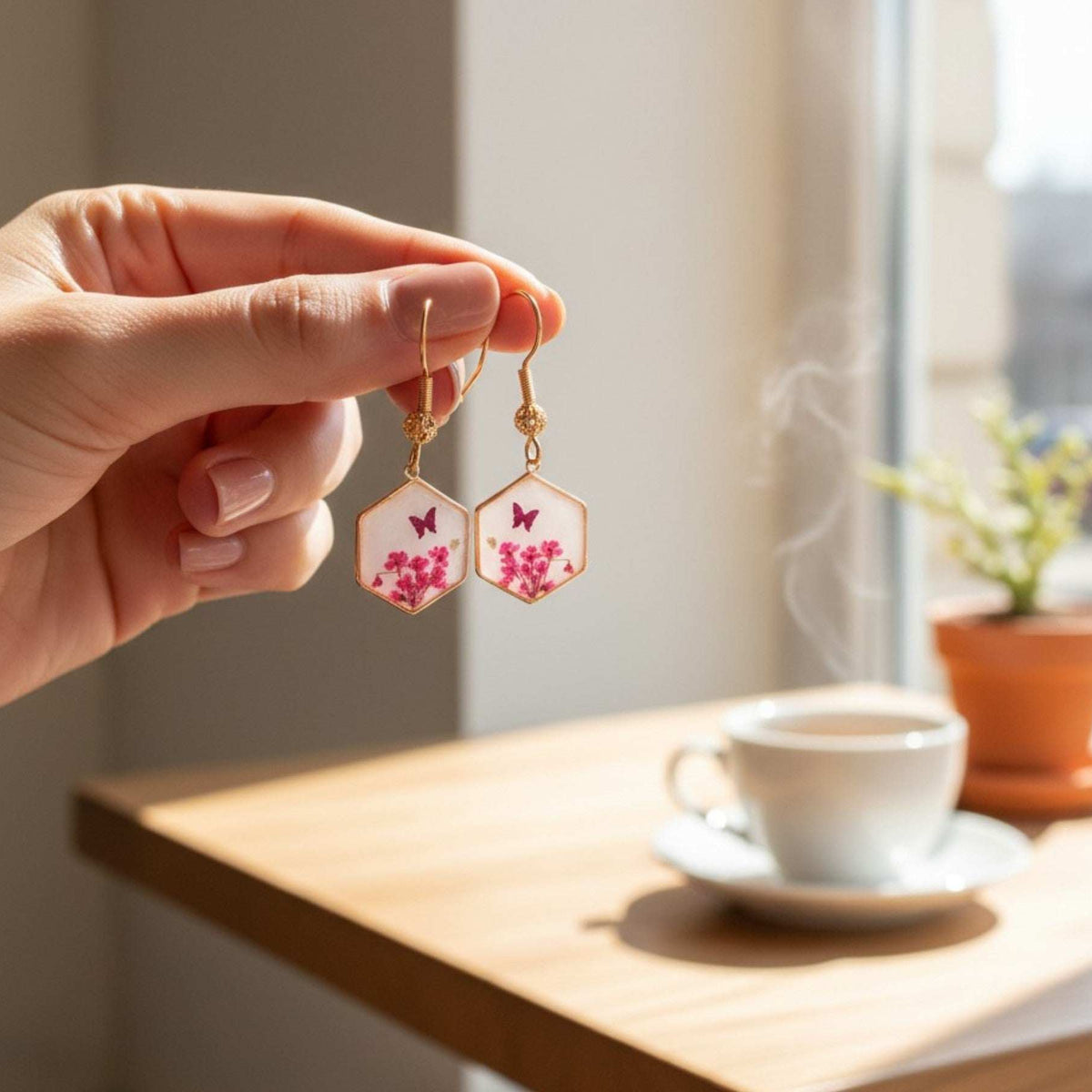 Pink Butterfly & Boreal Spring Bloom Handmade Hexagon Earrings