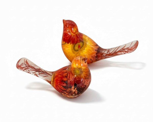 Copper Ember Strawflower Duo | Copper Strawflower Resin Bird Pair
