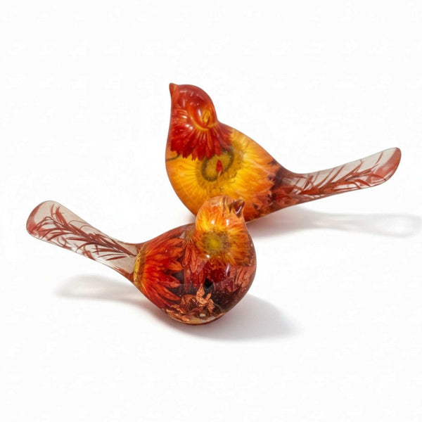 Copper Ember Strawflower Duo | Copper Strawflower Resin Bird Pair