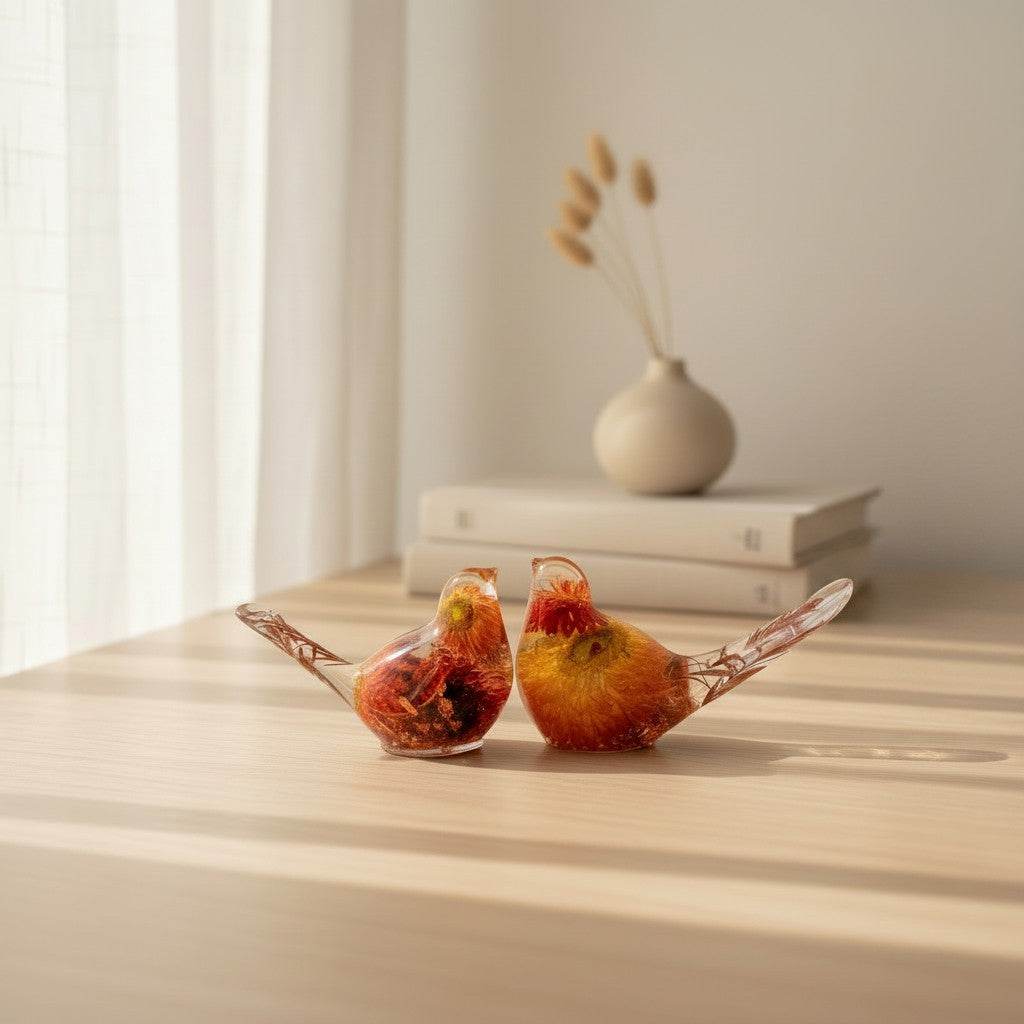 Copper Ember Strawflower Duo | Copper Strawflower Resin Bird Pair
