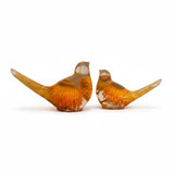Strawflower resin bird pair with preserved yellow and amber flowers encased in clear resin sculptures