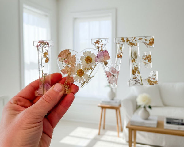 Whispering Meadow LOVE resin word art with white daisies, pink and purple wildflowers, bunny tail accent, and gold leaf flakes.