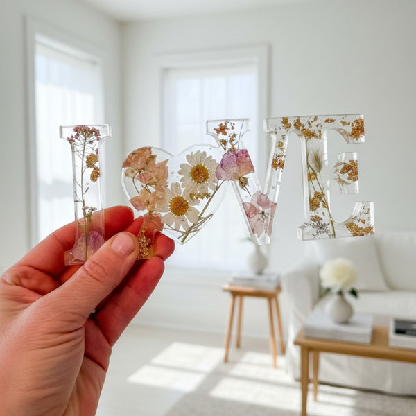 Whispering Meadow LOVE resin word art with white daisies, pink and purple wildflowers, bunny tail accent, and gold leaf flakes.