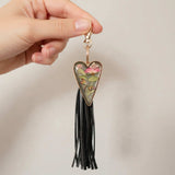 Dragonfly resin keychain with a floral heart-shaped resin pendant, pink rose, colorful dragonfly and long black tassel
