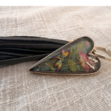 dragonfly resin keychain with a smoky green heart-shaped resin pendant, pressed pink rose, colorful dragonfly and black tassel