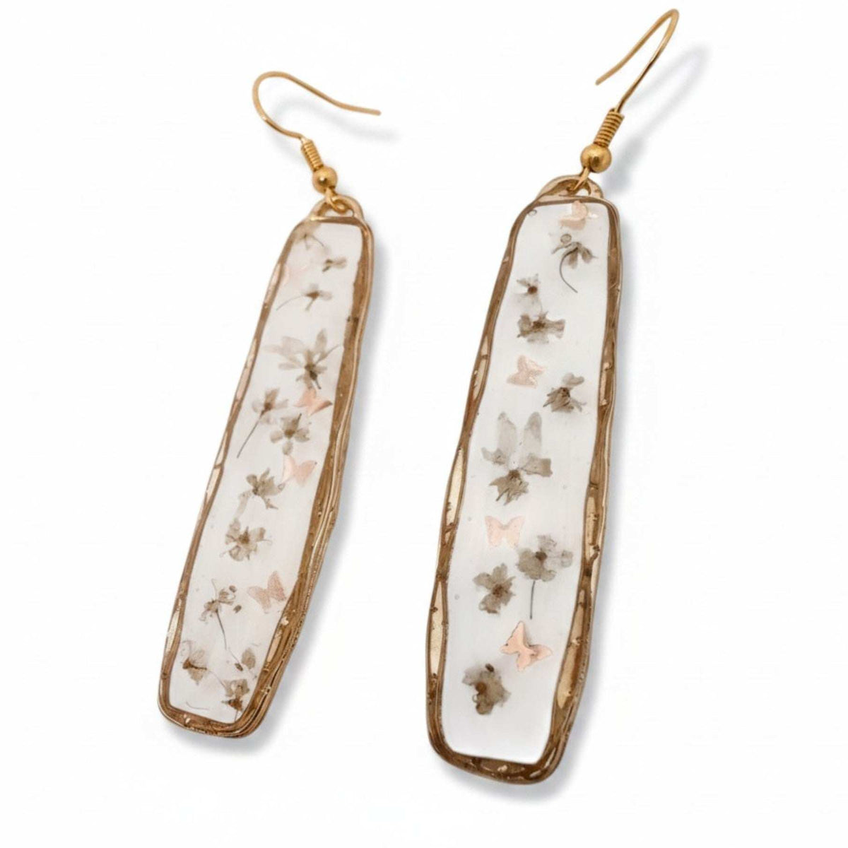 Bloom Cascade earrings with pressed Queen Anne lace flowers in gold frame, rose gold butterfly accents, minimalistic boho dangle design