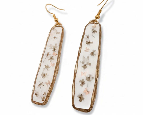Bloom Cascade earrings with pressed Queen Anne lace flowers in gold frame, rose gold butterfly accents, minimalistic boho dangle design