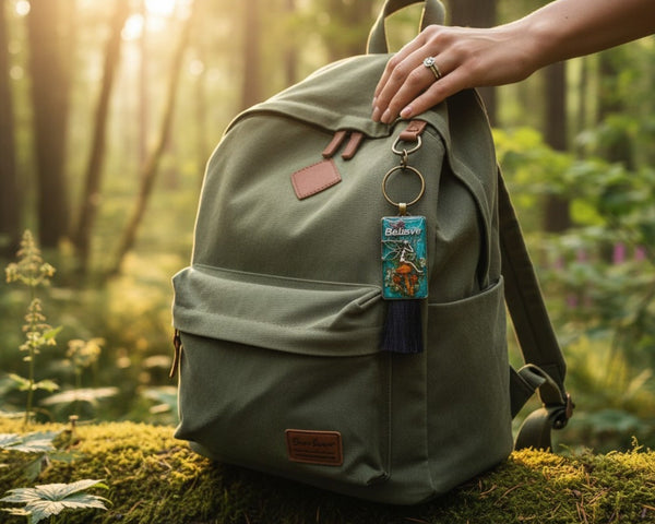 Handmade teal resin keychain with a silver fairy on real Boreal forest mushrooms and white wildflowers, brown tassel and antique copper hardware, white background.