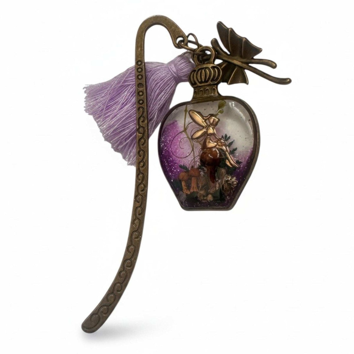 Forest Bottle Bookmark mushroom resin bookmark handmade with gold fairy and purple shimmer resin bottle, antique bronze