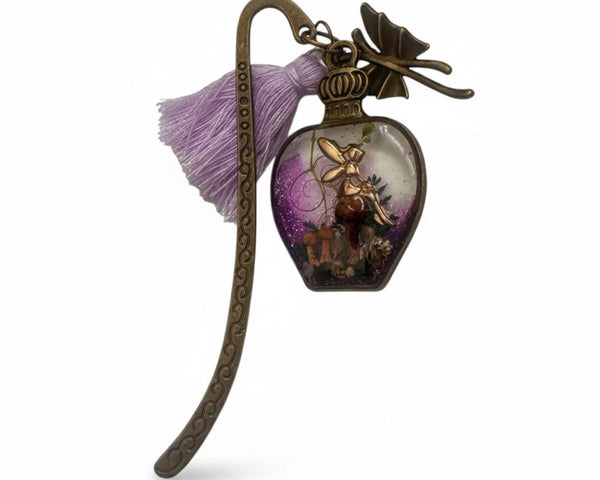Forest Bottle Bookmark mushroom resin bookmark handmade with gold fairy and purple shimmer resin bottle, antique bronze