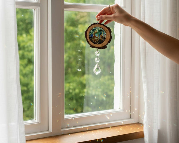 Midnight Forest Suncatcher mushroom resin wood suncatcher hanging in a window casting prism light