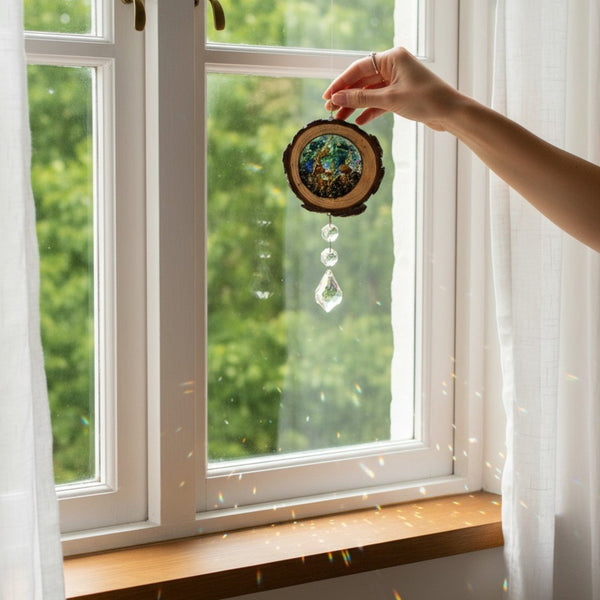 Midnight Forest Suncatcher mushroom resin wood suncatcher hanging in a window casting prism light