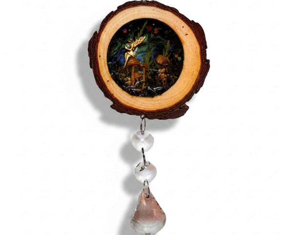 Midnight Forest Suncatcher mushroom resin wood suncatcher with real forest botanicals and obsidian stones, handmade Canada