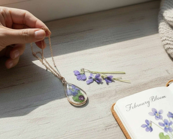 Birth Month Teardrop Pendant -Custom Order Real Pressed Flower Jewelry