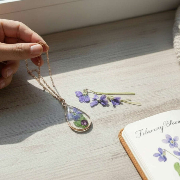 Birth Month Teardrop Pendant -Custom Order Real Pressed Flower Jewelry