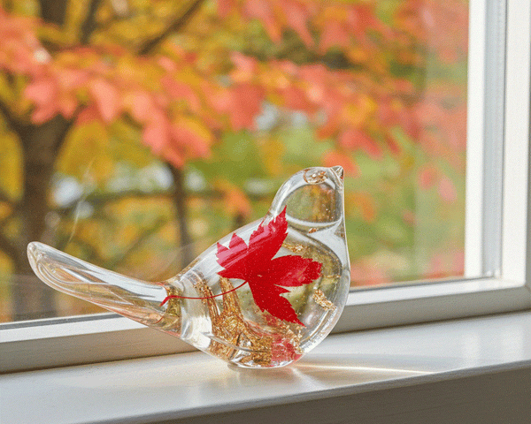 Maple Leaf Songbird - Handmade Resin Bird Maple Leaf & Gold Accents