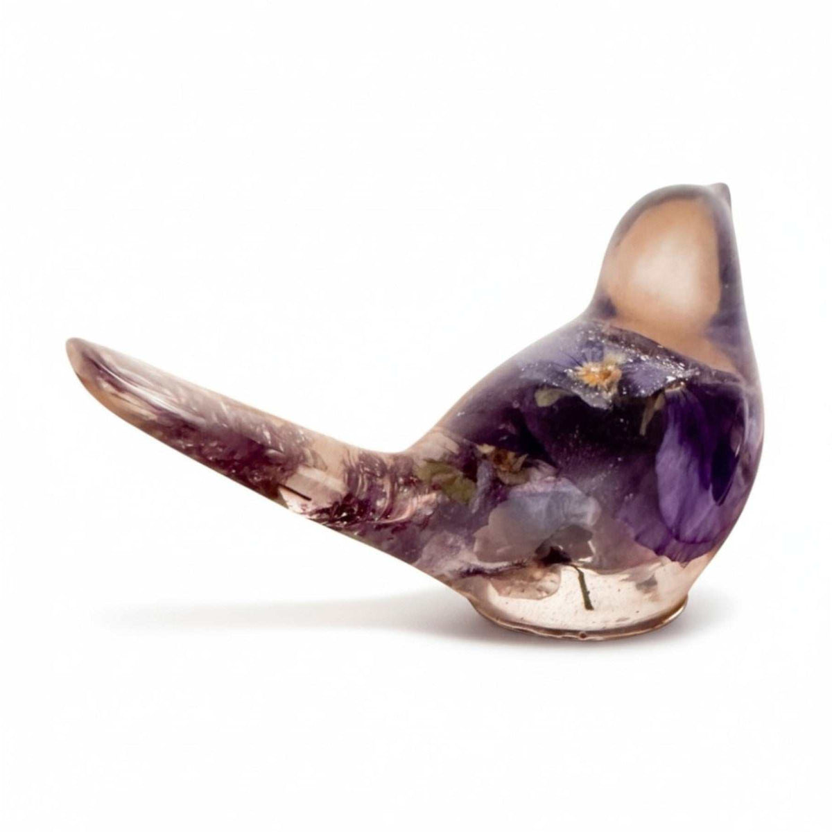 Fluorite Garden Bird | Handmade Pansy & Fluorite Gemstone Resin Bird
