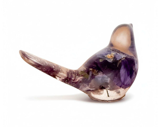 Fluorite Garden Bird | Handmade Pansy & Fluorite Gemstone Resin Bird