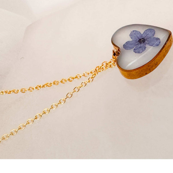 Handmade forget-me-not heart pendant with real blue flower on gold chain