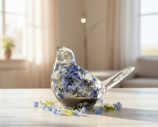 Handmade Forever Songbird memorial resin bird with preserved forget-me-nots and customizable flower options