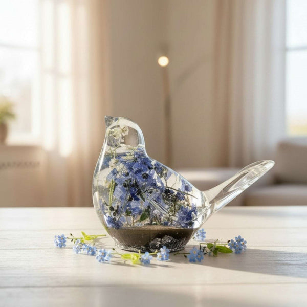 Handmade Forever Songbird memorial resin bird with preserved forget-me-nots and customizable flower options