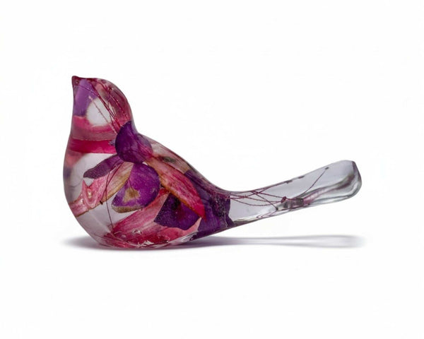 Fuchsia Floral Resin Bird - Handmade Bird with Real Fuchsia Flowers