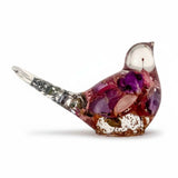 Handmade clear resin bird with real preserved fuchsia flowers and gold leaf accents