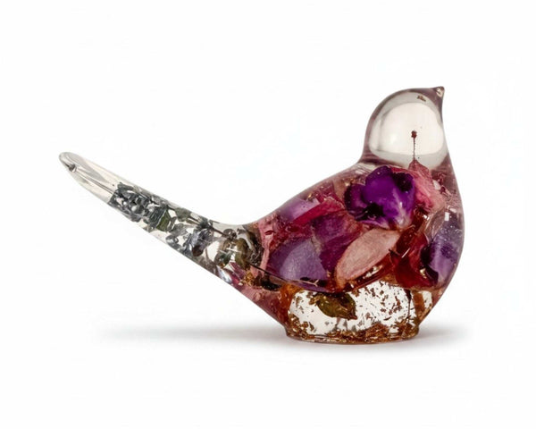Handmade clear resin bird with real preserved fuchsia flowers and gold leaf accents