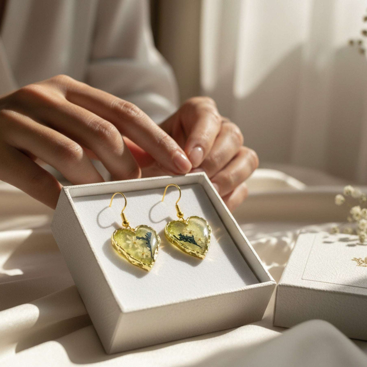 Secret Garden Hearts | Handmade Navy & White Floral Resin Earrings