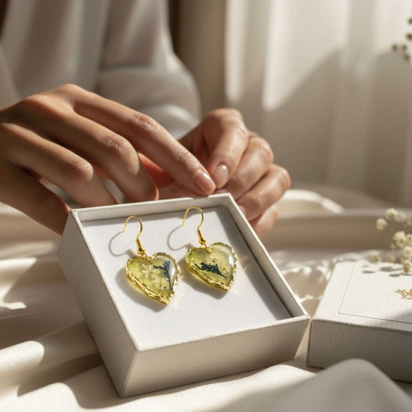 Secret Garden Hearts | Handmade Navy & White Floral Resin Earrings