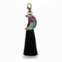 Glow in the dark moon keychain with a pink and green swirled resin crescent, star details, bronze clasp and black tassel