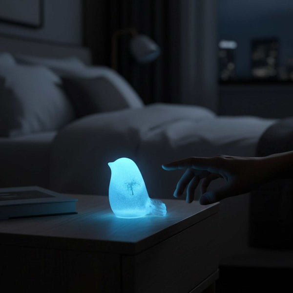 Glow in the dark resin bird decor with real dandelion puff inside glowing blue resin
