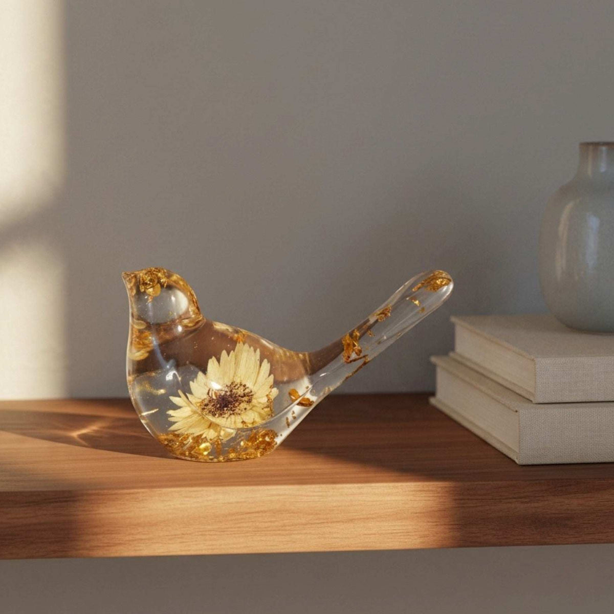 Gold leaf resin bird sitting on a shelf as simple neutral home decor