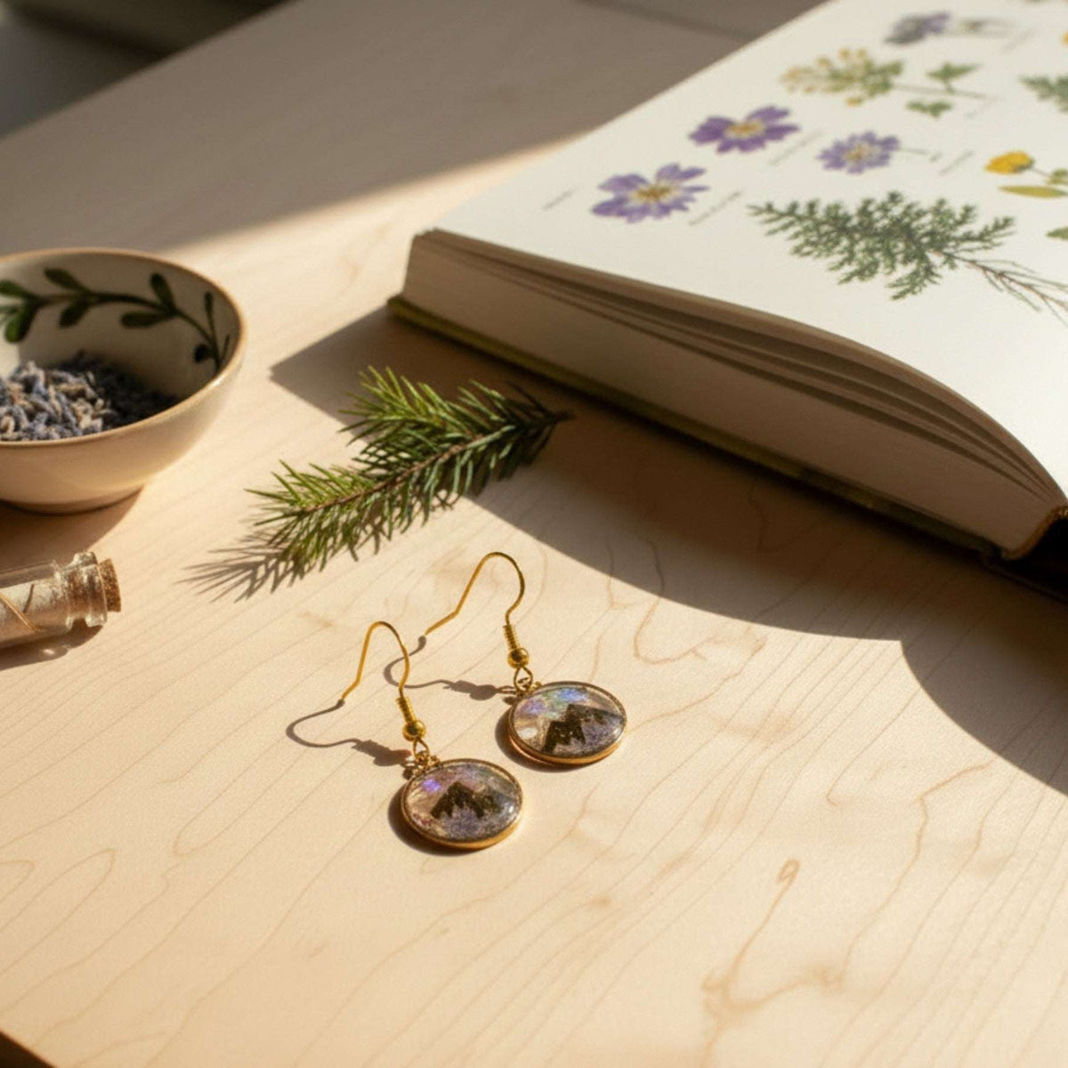 Handmade Gold Mountain Peak Silhouette Earrings with Northern Lights