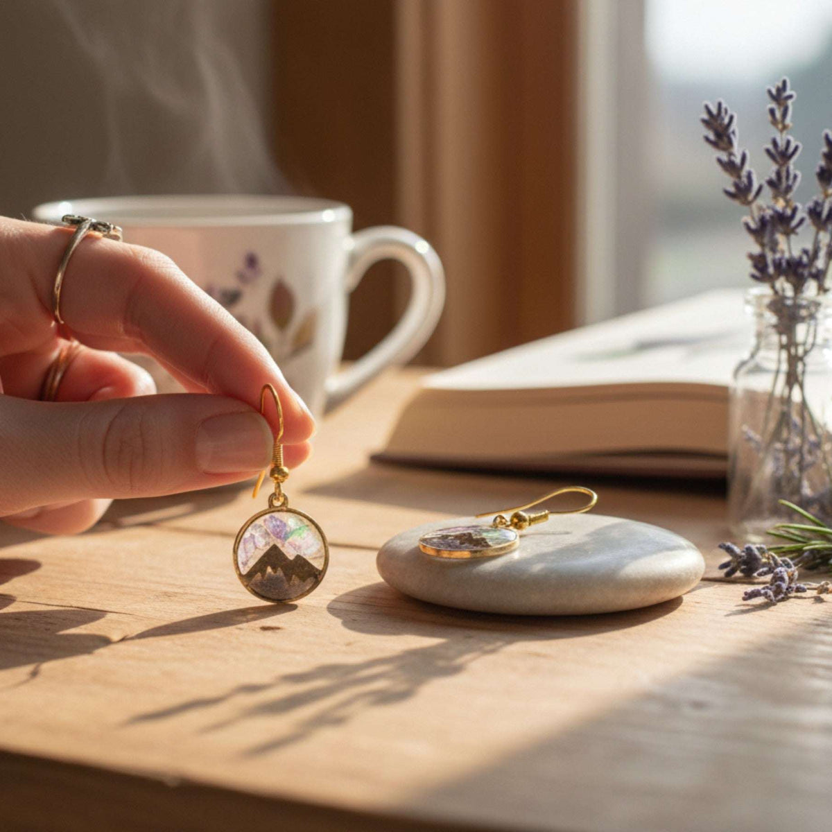 Handmade Gold Mountain Peak Silhouette Earrings with Northern Lights