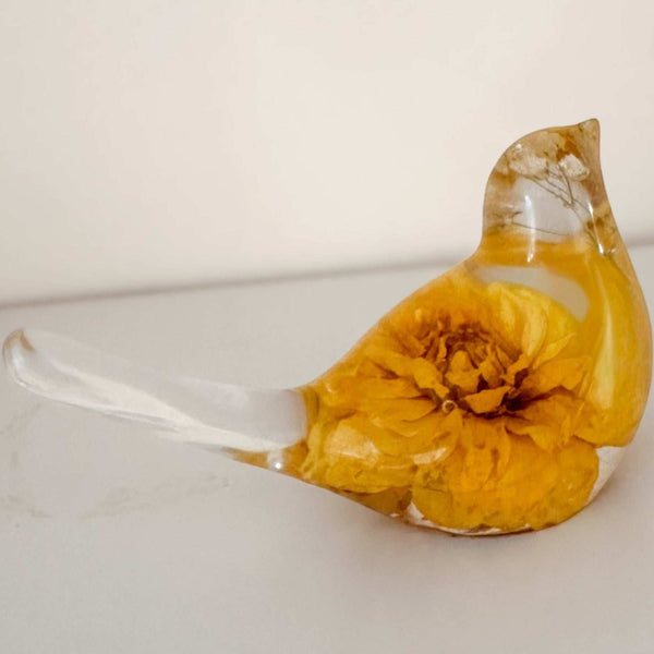 Golden dahlia flower embedded resin songbird with white baby breath decor