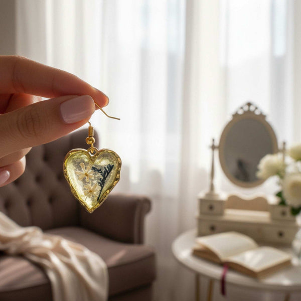 Secret Garden Hearts | Handmade Navy & White Floral Resin Earrings