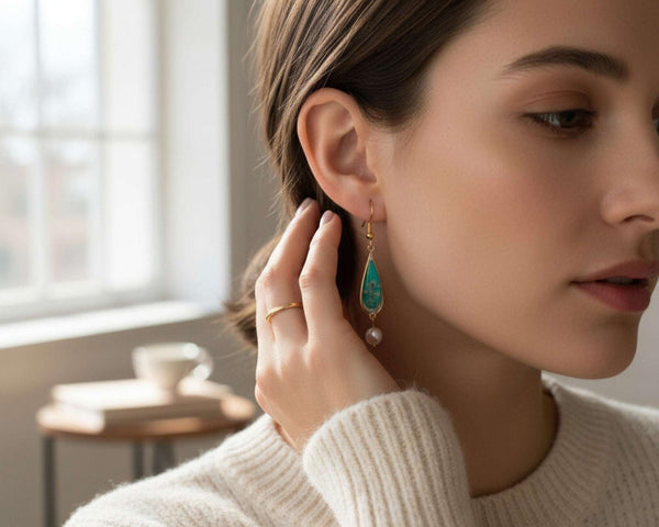 Emerald Garden Teardrop Earrings - Handmade with Real Flowers & Pearls