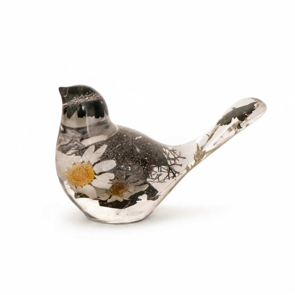 Handmade chickadee in clear resin with real black and white flowers set inside