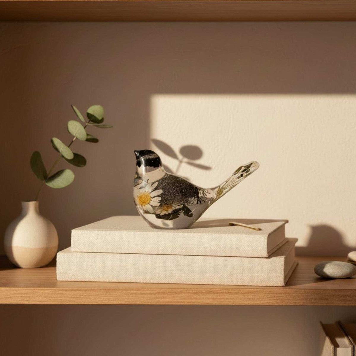 Handmade chickadee resin bird sitting on a shelf beside a houseplant
