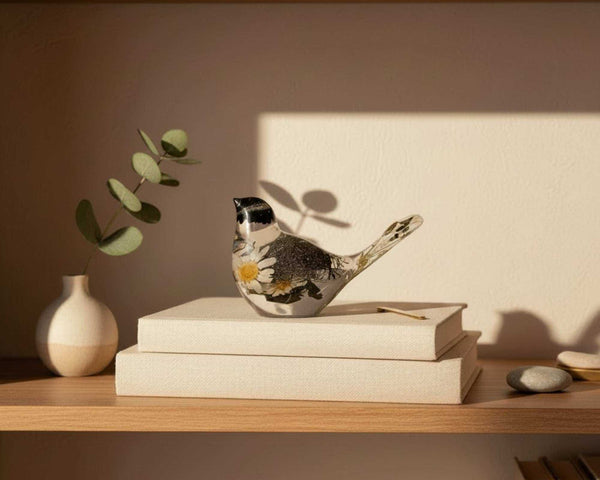 Handmade chickadee resin bird sitting on a shelf beside a houseplant