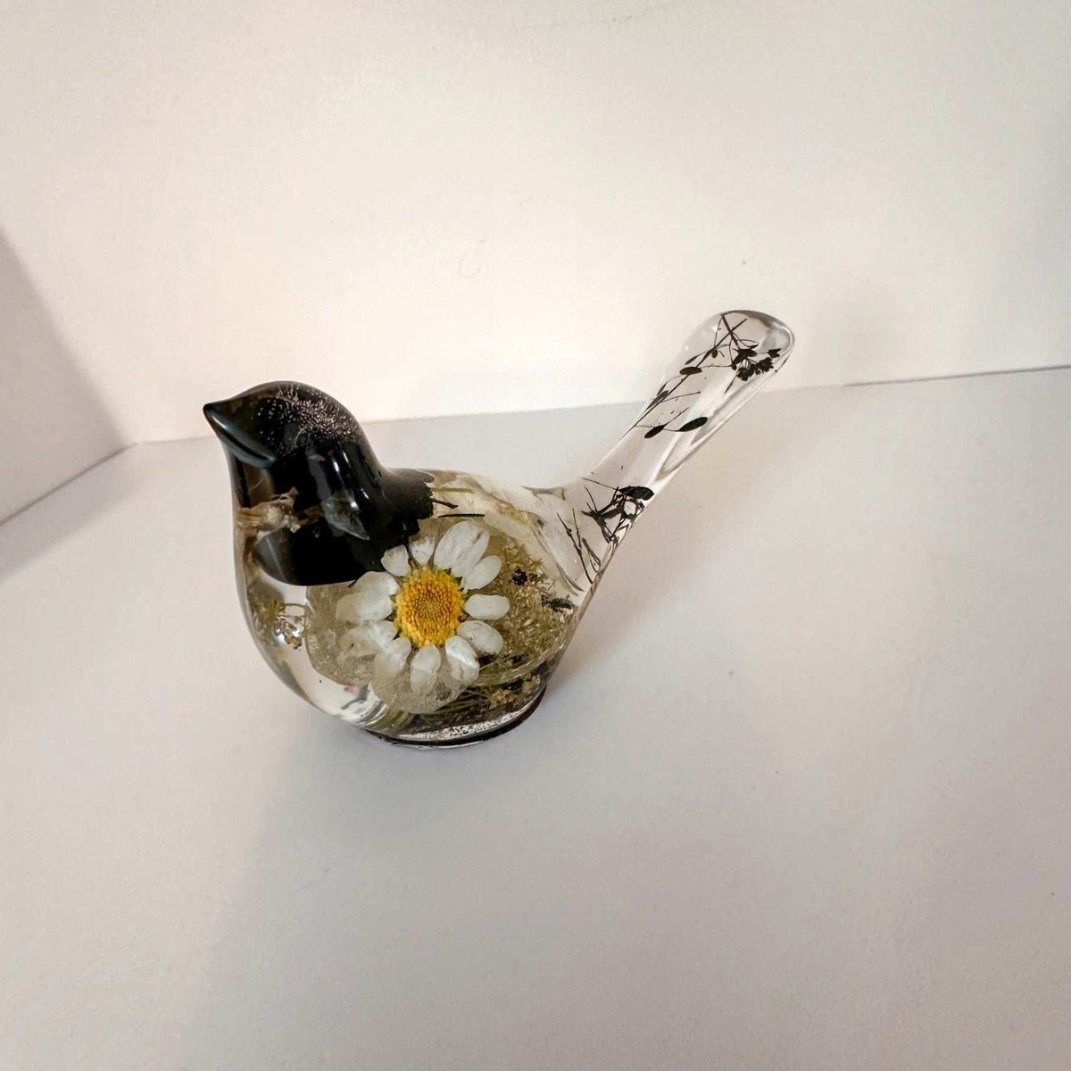 Handmade chickadee resin bird decor with real pressed flowers inside