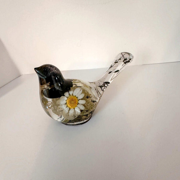 Handmade chickadee resin bird decor with real pressed flowers inside
