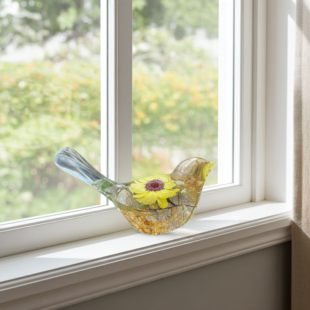Handmade resin bird decor with pressed sunflower and gold leaf accents