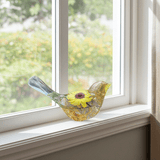 Handmade resin bird decor with pressed sunflower and gold leaf accents
