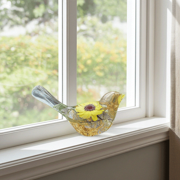 Handmade resin bird decor with pressed sunflower and gold leaf accents
